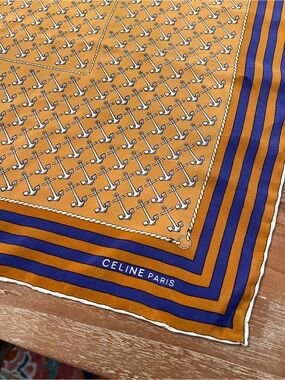Vintage Celine Mustard and Royal Blue Anchor Silk Scarf 33”x33”